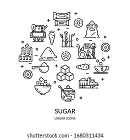 Sugar Production, Growing And Processing. Linear Icons