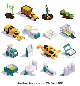 Sugar production isometric set of equipment for harvesting and processing cane and beet sugar isolated vector illustration