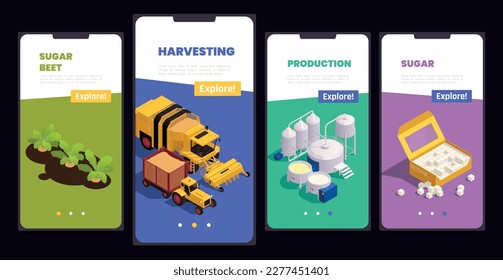 Sugar production mobile app set of smartphones with information about machinery for beet harvesting and factory equipment isometric vector illustration