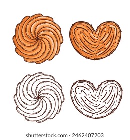 Sugar puff pastry, shortbread vector coloring page for coloring book.  Bake sweet dessert product for breakfast or lunch, hand drawn sketch
