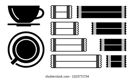 Sugar sachet icon or container icons with salt and paper isolated on white background. Disposable packaging stick with creamer or medicine sachets collection vector illustration