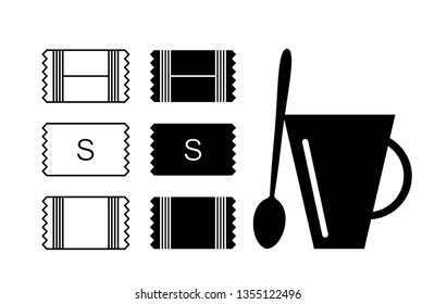 Sugar sachet icon or container icons with salt and paper isolated on white background. Disposable packaging stick with creamer or medicine sachets collection vector illustration