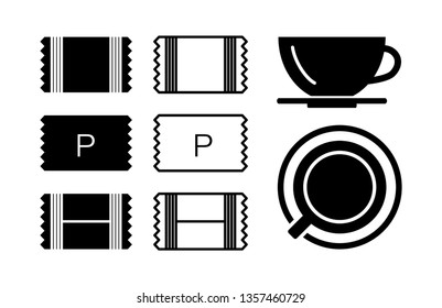 Sugar sachet icon or container icons with salt and paper isolated on white background. Disposable packaging stick with creamer or medicine sachets collection vector illustration