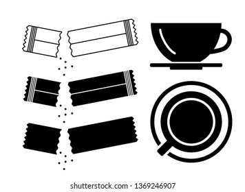 Sugar sachet icon or container icons with salt and paper isolated on white background. Disposable packaging stick with creamer or medicine sachets collection vector illustration