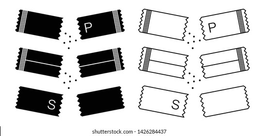 Sugar sachet icon or container icons with salt and paper isolated on white background. Disposable packaging stick with creamer or medicine sachets collection vector illustration