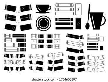 Sugar sachet icon, container icons with salt and paper for laser cut. Disposable packaging stick bundle. Creamer or medicine sachets collection vector illustration