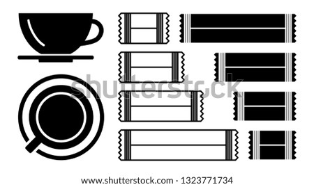 Sugar sachet icon or container icons with salt and paper isolated on white background. Disposable packaging stick with creamer or medicine sachets collection vector illustration