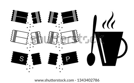 Sugar sachet icon or container icons with salt and paper isolated on white background. Disposable packaging stick with creamer or medicine sachets collection vector illustration
