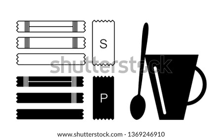 Sugar sachet icon or container icons with salt and paper isolated on white background. Disposable packaging stick with creamer or medicine sachets collection vector illustration