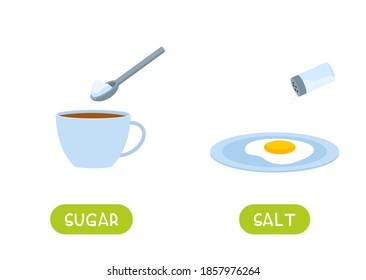 SUGAR and SALT antonyms word card vector template. Flashcard for english language learning. Opposites concept. Adding sugar to tea, adding salt to scrambled eggs