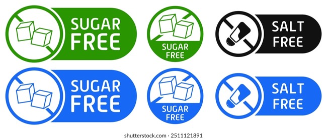 Etiquetas sem açúcar e sal. Dieta, adesivo, adoçante, substituto, alimentação saudável, problemas digestivos, estômago, intestinos, distúrbio, indigestão, diabetes, frutose, adquirida, congênita, alternativa