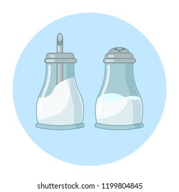 Sugar and salt in glass sugar bowl and salt shaker on blue background. Line art, Vector