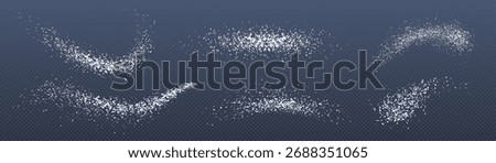 Sugar or salt powder piles set isolated on transparent background. Vector realistic illustration of white dry substance scattered on surface, ground food seasoning, detergent crystals, grainy texture