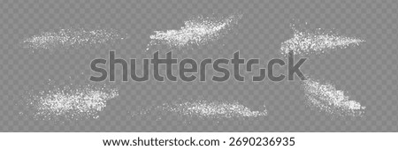 Sugar or salt powder piles set isolated on transparent background. Vector realistic illustration of white dry substance scattered on surface, ground food seasoning,