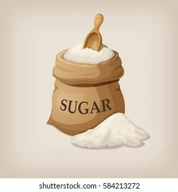 Sugar With Scoop In Burlap Sack. Vector Illustration