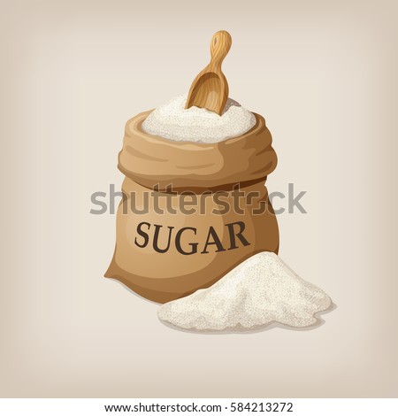 Sugar with scoop in burlap sack. Vector illustration