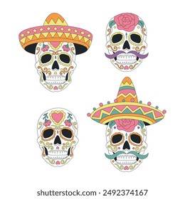 Sugar scull vector clip-art set isolated on white. Mexican Halloween illustration