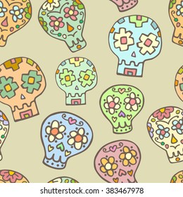 Sugar sculls  doodle cute seamless pattern. Background, texture textile