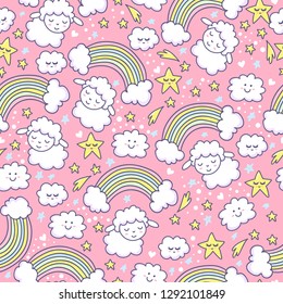 Sugar seamless pattern with sheep, rainbow, star and cloud. Pastel background with sweetie design element.