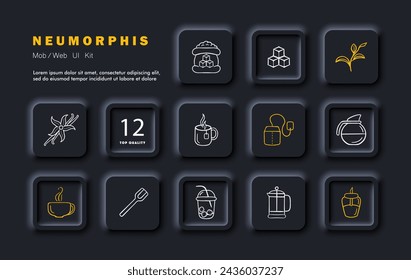 Icono de Sugar Set. Azúcar, bebida, taza, taza, cubos de azúcar, hojas, sacarosa, vainilla, tetera, vidrio, cuchara, bebida, bolso de té. Estilo neomorfista. Icono de línea vectorial