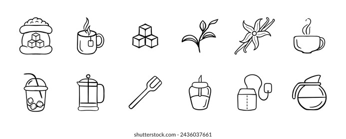 Sugar set icon. Sugar, drink, mug, cup, sugar cubes, leaves, sucrose, vanilla, teapot, glass, spoon, drink, tea bag. Vector line icon on white background.