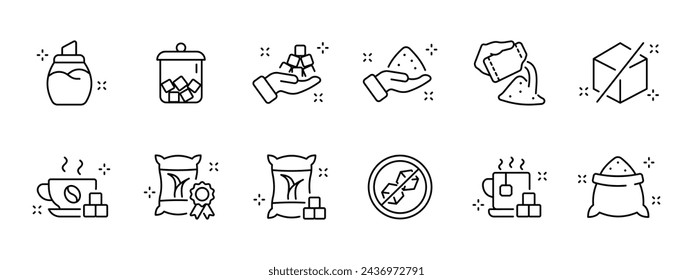 Sugar set icon. Drink, mug, cup, cubes, leaves, sucrose, vanilla, sugar bags, loose, sugar ban icon, drink, sugar bowl. Vector line icon on white background.