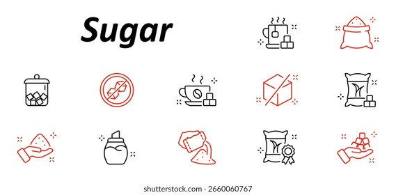 Sugar set icon. Jars, cubes, scoops, hands, sachets, drinks, packs, labels, sweetener alternatives, and no-sugar symbols in minimal black and red line art for food labeling themes