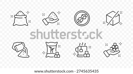 Sugar set icon. Sack, hand portion, restriction sign, cube ban, spilled sweetener, packet, hot drink, serving, diet control