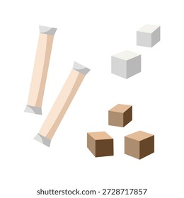 Sugar set. Sugar sticks, sachets. Cane Sugar cubes stack. Spice portion salt, pepper sticks. Refined sugar. Ice cubes. Cartoon vector illustration.