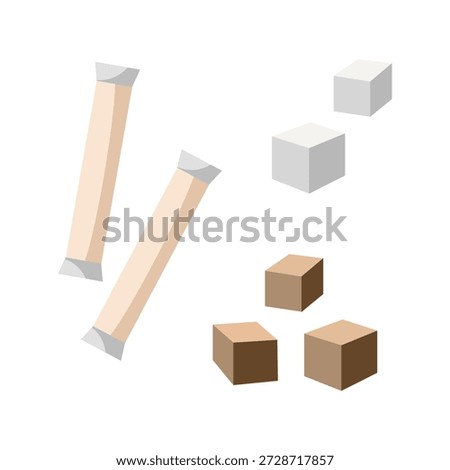Sugar set. Sugar sticks, sachets. Cane Sugar cubes stack. Spice portion salt, pepper sticks. Refined sugar. Ice cubes. Cartoon vector illustration.