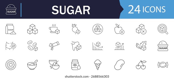 Conjunto de iconos web de azúcar en estilo de línea. Ilustración vectorial en estilo moderno delgado con glucosa, estevia, dulces y otros Elementos azucarados relacionados con la dieta y la salud. Iconos lineales sólidos.