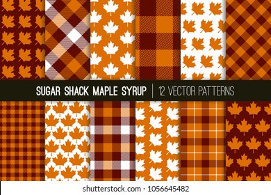 Sugar Shack Maple Syrup Tartan Plaid Vector Patterns. Brown Orange Check Plaid and Maple Leaf Prints. Breakfast Restaurant Menu Background. Repeating Pattern Tile Swatches Included.