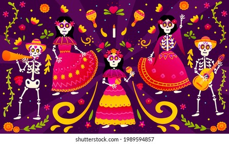 Sugar skeletons celebrating dia de los muertos, dancing poses, colourful traditional mexican dresses, party banner