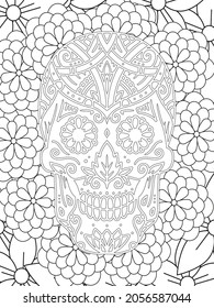 Sugar skull. A4 printable coloring book page.