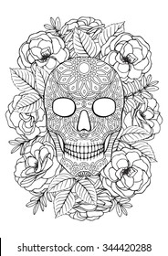 Sugar skull. A4 printable coloring book page. 