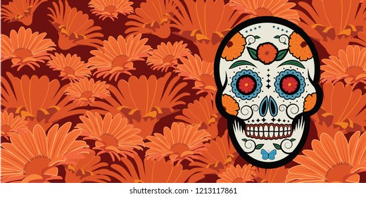 Sugar skull banner background to celebrate the Mexican holiday Dia De Los Muertos (Day of the Dead), the day after Halloween. EPS10 vector illustration.