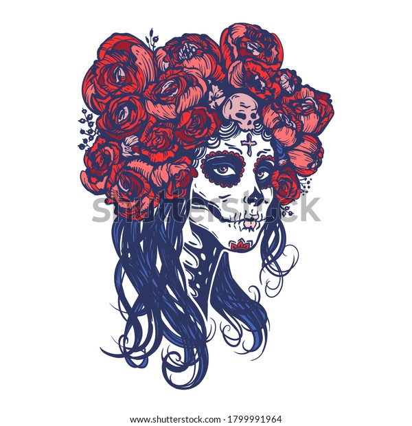 Sugar Skull Beautiful Girl Roses Wreath Stock Vector (Royalty Free ...