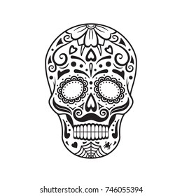 Sugar skull. Black tattoo. Silhouette. Mexican Day of the Dead. Vector illustration