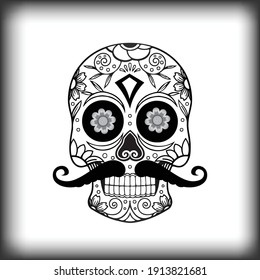 Sugar Skull Black And White. Sugar Skull With Mustache Isolated In White