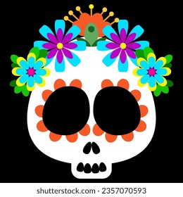 Sugar skull with bright mexican flowers