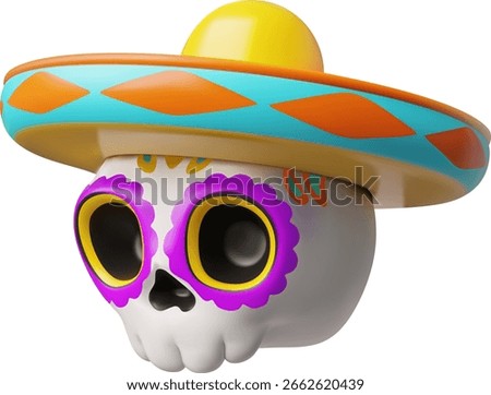 Sugar skull, with bright pattern, in sambrero, Mexican Day of the Dead celebration. Traditional treat. Canal symbol. Festive decoration. Vector 3D illustration. Cartoon style. Isolated icon. Render.