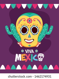 sugar skull cactus decoration celebration viva mexico vector illustration