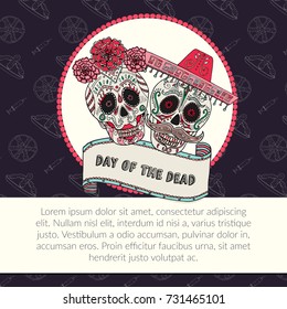 Sugar skull calavera Catrina vector illustration for Day of the Dead Mexican celebration with copy space