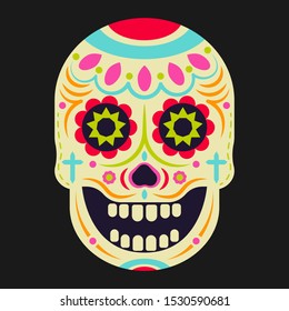 Sugar skull (Calavera) vector icon. Day of the dead (Dia de los moertos) Fiesta and holiday poster. Colourful Mexican decoration party flyer greeting card.