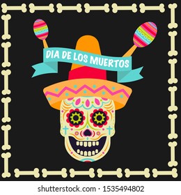 Sugar skull (Calavera) vector icon. Day of the dead (Dia de los moertos) Fiesta and holiday poster. Colourful Mexican decoration party flyer greeting card.