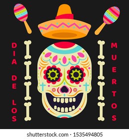 Sugar skull (Calavera) vector icon. Day of the dead (Dia de los moertos) Fiesta and holiday poster. Colourful Mexican decoration party flyer greeting card.