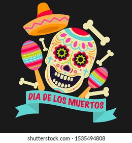 Sugar skull (Calavera) vector icon. Day of the dead (Dia de los moertos) Fiesta and holiday poster. Colourful Mexican decoration party flyer greeting card.