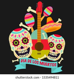 Sugar skull (Calavera) vector icon. Day of the dead (Dia de los moertos) Fiesta and holiday poster. Colourful Mexican decoration party flyer greeting card.