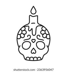 Sugar skull with candle icon. Mexican festive decorative skeleton head. Ornament of marigolds. Day of the Dead concept. Editable stroke, line thin icon.