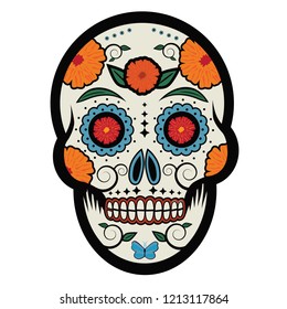 Sugar skull to celebrate the Mexican holiday Dia De Los Muertos (Day of the Dead), the day after Halloween. Skull made of sugar and covered in decorations. EPS10 vector illustration.